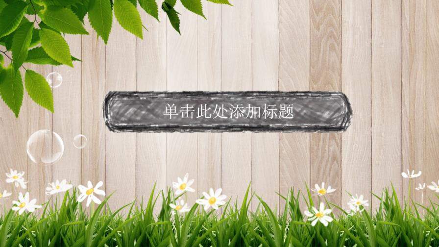 木纹木板绿叶小雏菊PPT模板