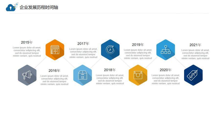 扁平風(fēng)企業(yè)發(fā)展歷程時(shí)間軸圖表PPT模板