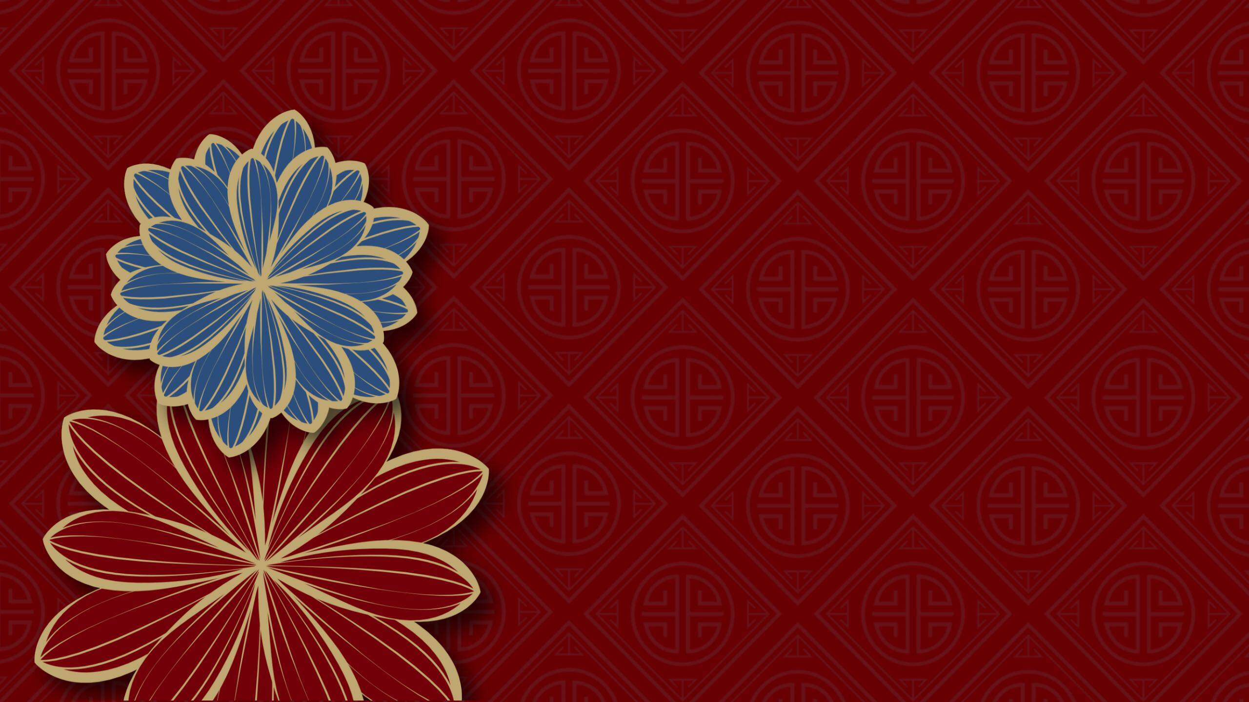 6张红蓝配色的古典花朵图案PPT背景图片