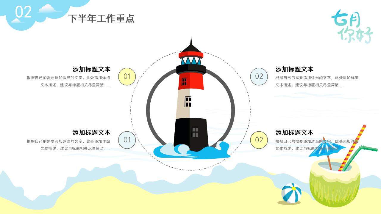 七月你好2023下半年工作計劃清新沙灘夏日清涼風(fēng)PPT模板