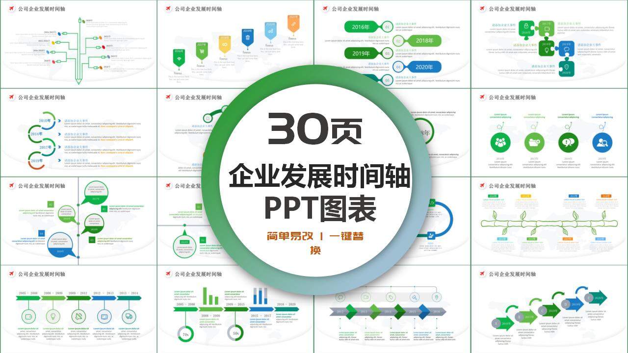 30页企业发展时间轴商务PPT图表合集