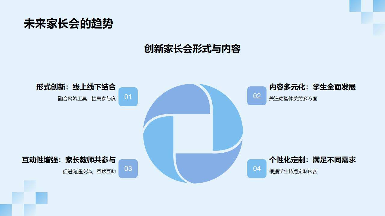 藍色簡潔卡通插畫風家校共育主題家長會教育探討PPT模板