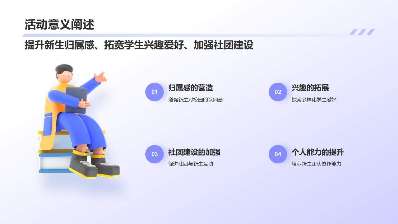 紫色卡通3D人物插畫風(fēng)大學(xué)社團(tuán)招新活動策劃PPT模板