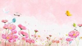 粉色唯美水彩蝴蝶蜻蜓花卉PPT背景圖片